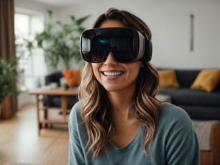 A woman sitting in her living room smiling, wearing a virtual reality headset, or 360 glasses. AI generated