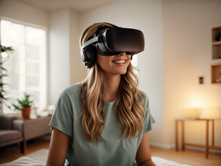 A blonde girl sitting in her living room, wearing a virtual reality headset, or 360 glasses.. AI generated