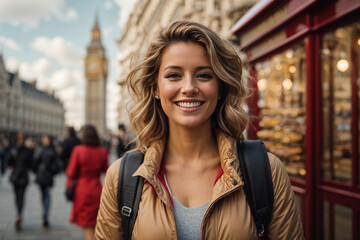 Tourist woman traveling in London, in England, with Big Ben tower behind. AI generated