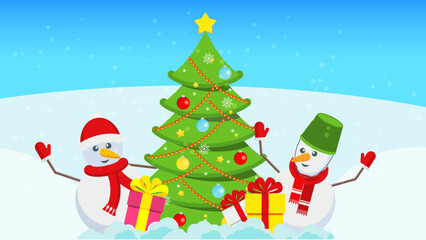 Cute snowmen, Xmas tree and gift boxes. Traditional winter holiday characters.