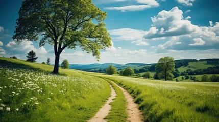 photo of Panoramic view from the hill to nature in spring and summer landscape with trees, trail and flowers on background of blue sky with clouds on sunny day.