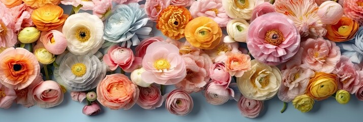 Fototapeta na wymiar easter, ranunculus, flowers, bloom, blossom, blue, sky, bouquet, card, poster, print, decoration, festive, pink, panoramic, panorama, banner, egg, web, resurrection, colorful, holiday, pattern, pascha