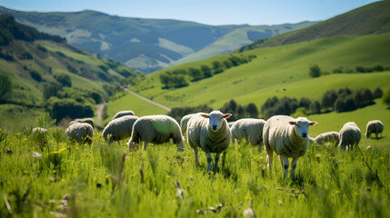 A flock of sheep grazing, with verdant hills as the background, during a warm spring afternoon