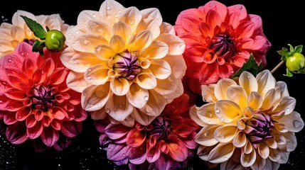 Colorful dahlia flowers on black background. Top view. Springtime Concept. Mothers Day Concept with a Copy Space. Valentine's Day.