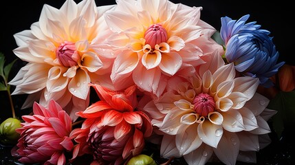 Colorful dahlia flowers with water drops on black background. Springtime Concept. Mothers Day Concept with a Copy Space. Valentine's Day.