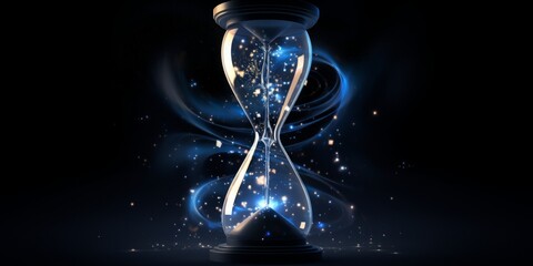 An hourglass transcends temporal boundaries, releasing a cascade of celestial stars—an ethereal fusion of cosmic and earthly measures, symbolizing the infinite beauty of time and space - obrazy, fototapety, plakaty