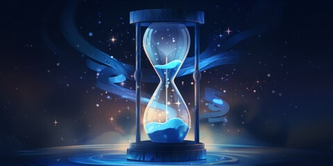 An hourglass transcends temporal boundaries, releasing a cascade of celestial stars—an ethereal fusion of cosmic and earthly measures, symbolizing the infinite beauty of time and space - obrazy, fototapety, plakaty