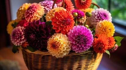 Colorful dahlia flowers in a basket, close-up. Springtime Concept. Mothers Day Concept with a Copy Space. Valentine's Day.