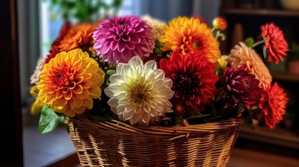 Obraz na płótnie Canvas Colorful dahlia flowers in a basket, close-up. Springtime Concept. Mothers Day Concept with a Copy Space. Valentine's Day.
