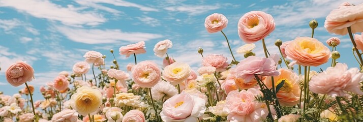 Pink Ranunculus Field Celebration. A Festive Display of Spring Festival of Blooms Under a Sunny...