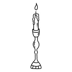 Burning candle in antique candlestick. Black and white vector isolated illustration hand drawn doodle. Winter holiday season. Lighting element icon clip art