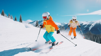 
Child skiing in the mountains. Kid in ski school. Winter sport for kids. Family Christmas vacation in the Alps. Children learn downhill skiing. Alpine ski lesson for boy and girl. Outdoor snow fun. - obrazy, fototapety, plakaty