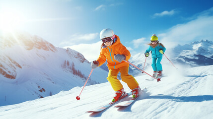 
Child skiing in the mountains. Kid in ski school. Winter sport for kids. Family Christmas vacation in the Alps. Children learn downhill skiing. Alpine ski lesson for boy and girl. Outdoor snow fun.