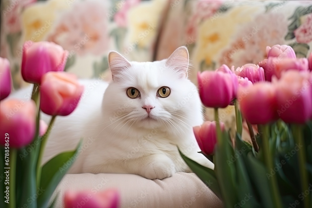 Canvas Prints Elegant White Cat Amidst a Bed of Red Tulips