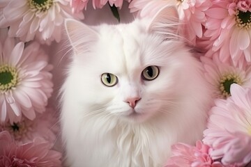 Elegant White Cat Amidst a Bed of Pink Blossoms