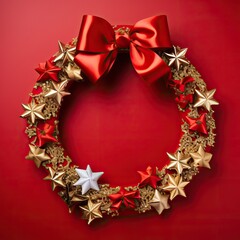 Christmas wreath with golden stars on a red background. Christmas holidays. Generative AI.