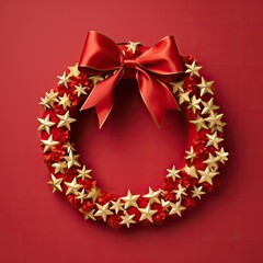 Christmas wreath with golden stars on a red background. Christmas holidays. Generative AI.