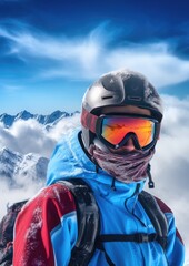A young man with a helmet and ski goggles, snowy mountains in the background. Generative AI.