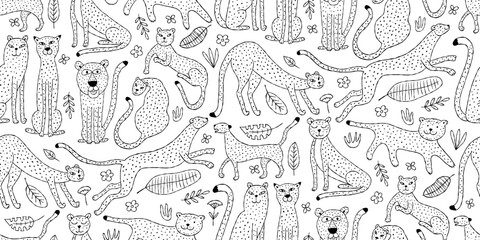 Obraz premium Cute yellow leopards family, seamless pattern background