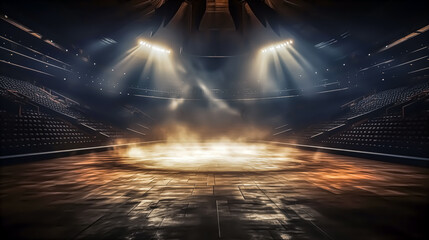 Empty stadium or stage with spotlights and smoke, 3d rendering toned image. Arena, lighting effect in the dark. Computer digital drawing. - obrazy, fototapety, plakaty