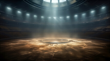 Empty stadium or stage with spotlights and smoke, 3d rendering toned image. Arena, lighting effect in the dark. Computer digital drawing.