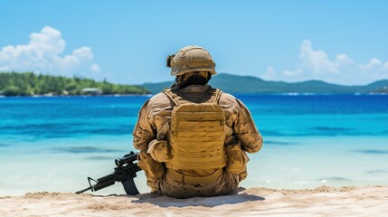 Fototapeta premium Coastal Reflection, Soldier Resting on the Beach, Confronting Emotional Turmoil of War, Generative AI