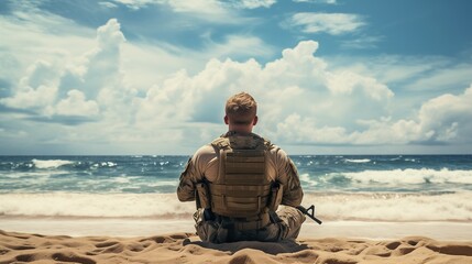 Ocean Solace, Overwhelmed Soldier Resting on a Beach, Reflecting on War's Toll, Generative AI