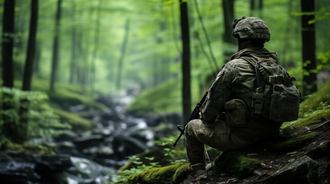 Emotional Exhaustion, Overwhelmed Soldier Resting in a Forest Amidst the Scars of War, Generative AI