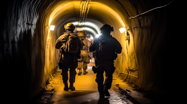 Covert Operation, Special Forces Soldiers Clearing Terrorist Tunnel Underground, Generative AI