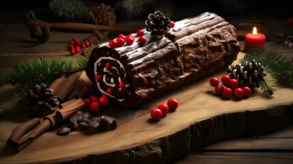 A Yule log  is a traditional Christmas cake, often served as a dessert near Christmas, especially in France, Belgium, Luxembourg, Switzerland - obrazy, fototapety, plakaty