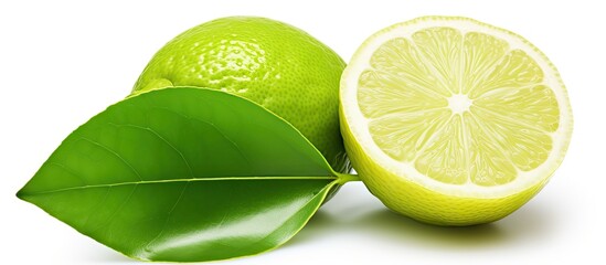 isolated white background a vibrant green lemon with a leaf on top is squeezed to extract its...