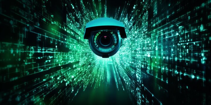hadows of an electronic network, a solitary security camera stands sentinel, its lens peering into the dark abyss of code&mdash;a visual symphony of vigilance in the realm of cybersecurity