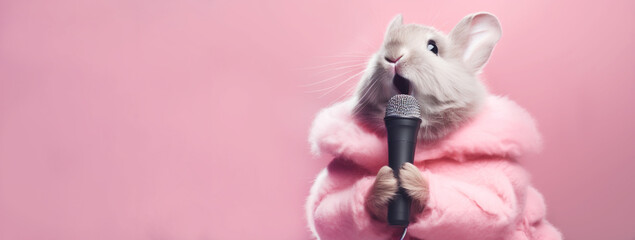 Portrait of an anthropomorphic mice in a pink fur coat, hold mic sing song wear. Banner. - obrazy, fototapety, plakaty
