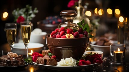 Fototapeta na wymiar Chocolate fondue fountain at a festive celebration,