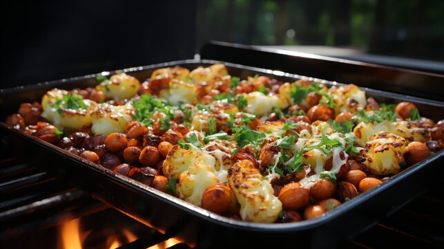 Cauliflower and chickpeas roasting in an oven,