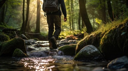 Adventure and exploration, back to nature and offline lifestyle concepts. A hiker feet walking in water, stream, in a forest. Escaping from the hustle of the big city