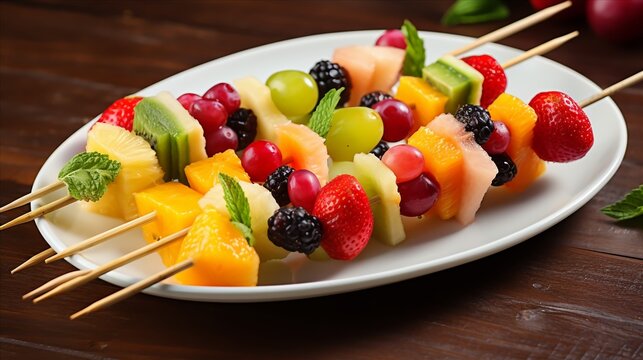 Colorful fruit skewers on a white plate,