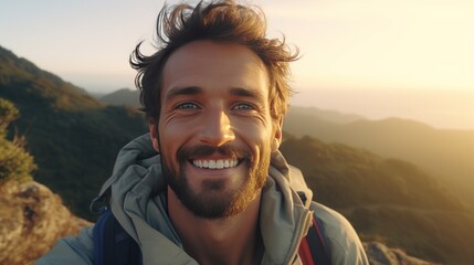 Young happy hiker taking selfie photograph on the top of the hill or mountain with beautiful landscape and sky in the background. - obrazy, fototapety, plakaty