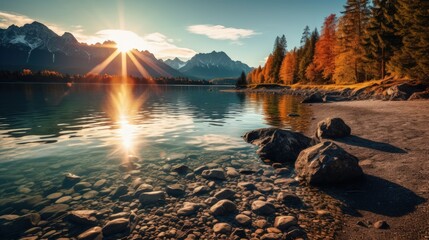 Impressive summer Sunny outdoor scene. Sunrise on clear lake with mountain range. Beauty of nature concept background.