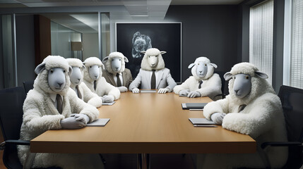Group of sheep sitting in a meeting room and work together in a modern office. Funny business...