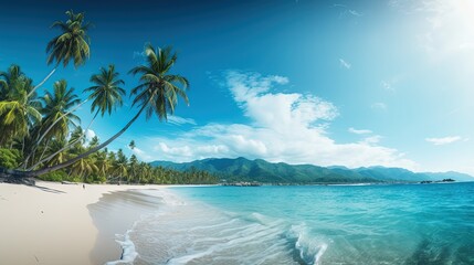 tropical landscape background concept. turquoise beach with palm tree - obrazy, fototapety, plakaty