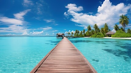 wooden pier to an island in ocean against blue sky - obrazy, fototapety, plakaty