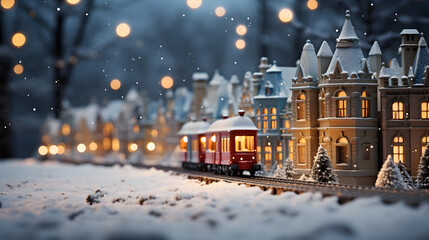 Christmas train in a snowy Christmas village. Beautiful Christmas and New Year concept. 3D Rendering. Miniature Christmas village houses. Festive background.
