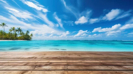 Raamstickers wooden pier to an island in ocean against blue sky © JuJamal