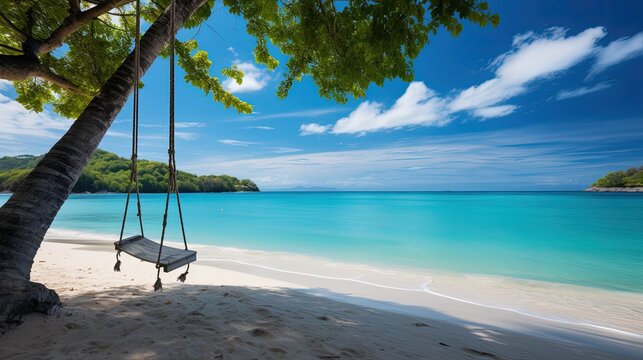 Tilted palm tree with swing. Background sunny summer tropical beach. Perfect landscape background for relaxing vacation.