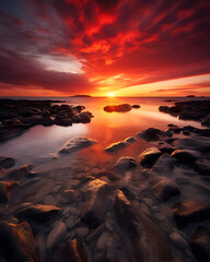 Fototapeta na wymiar Sunset over the Sea at the Beach with Rocks