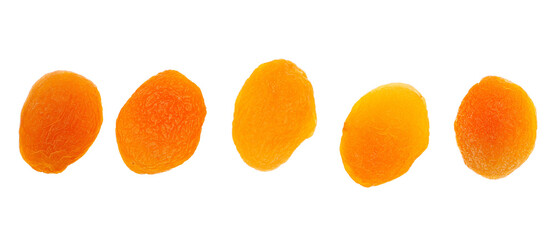 Set dry apricots isolated on white background, top view
