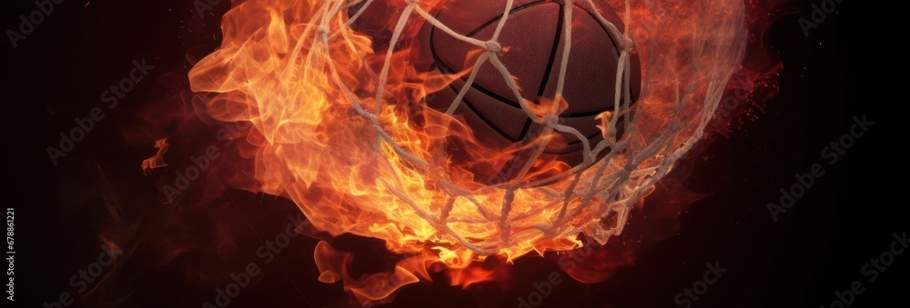 Poster flaming basketball illuminated against a mysterious black background generative ai