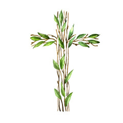  Watercolor illustration of an easter cross with spring twigs.