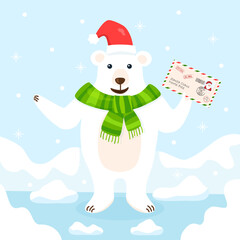 Flat cute polar bear with scarf and hat on snowy background. Vector cartoon illustration with holiday Christmas letter to Santa Claus. Image of winter bear character with smile for poster or banner